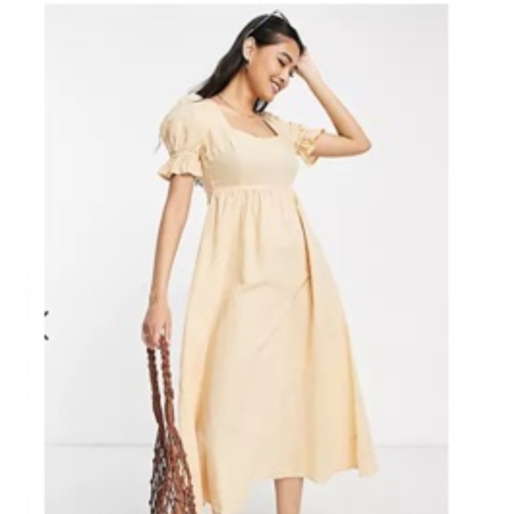 🧡💛River Island NWT Puff Sleeve Midi Dress in Orange Cream  4